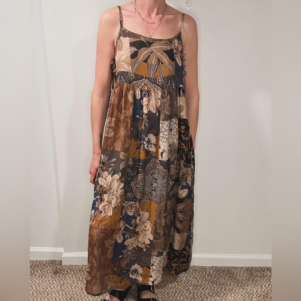 Earthy boho patchwork long maxi dress size medium